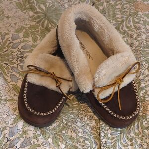 Brown Suede Moccasin Slippers with Cream Plush Collar